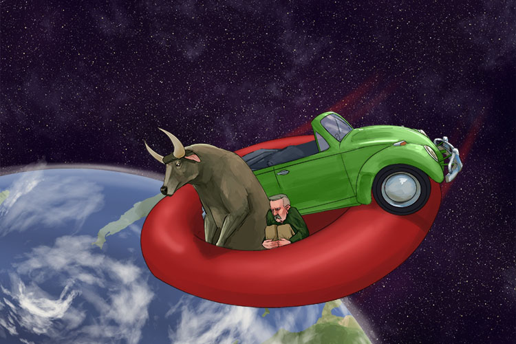 He must travel the globe in (haemoglobin) a red blood cell transporting an ox (oxygen) and a car (carbon dioxide)